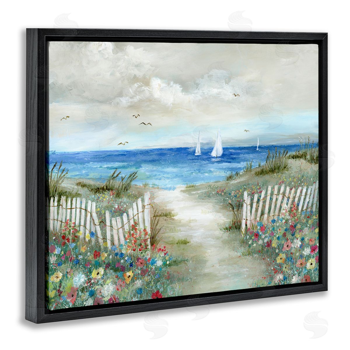 Nan Tranquil Beachside Flower Meadow Ocean Sailboats Scene Black Floating Frame Canvas Wall Art Print