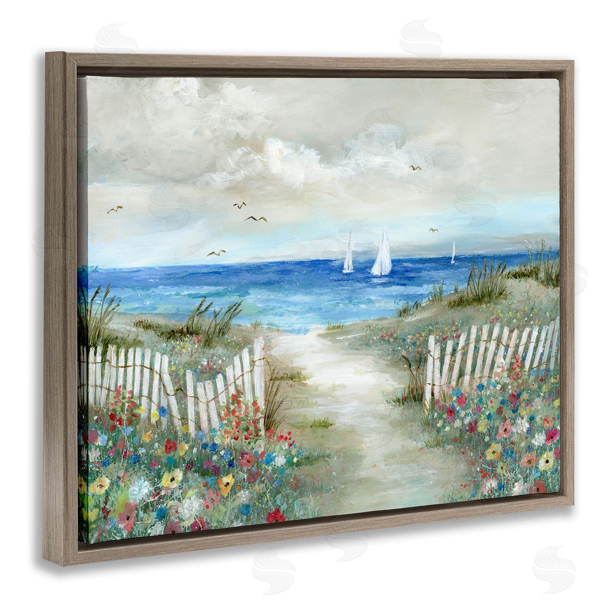 Nan Tranquil Beachside Flower Meadow Ocean Sailboats Scene Brown Floating Frame Canvas Wall Art Print