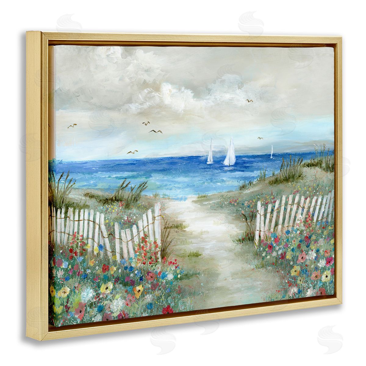 Nan Tranquil Beachside Flower Meadow Ocean Sailboats Scene Gold Floating Frame Canvas Wall Art Print