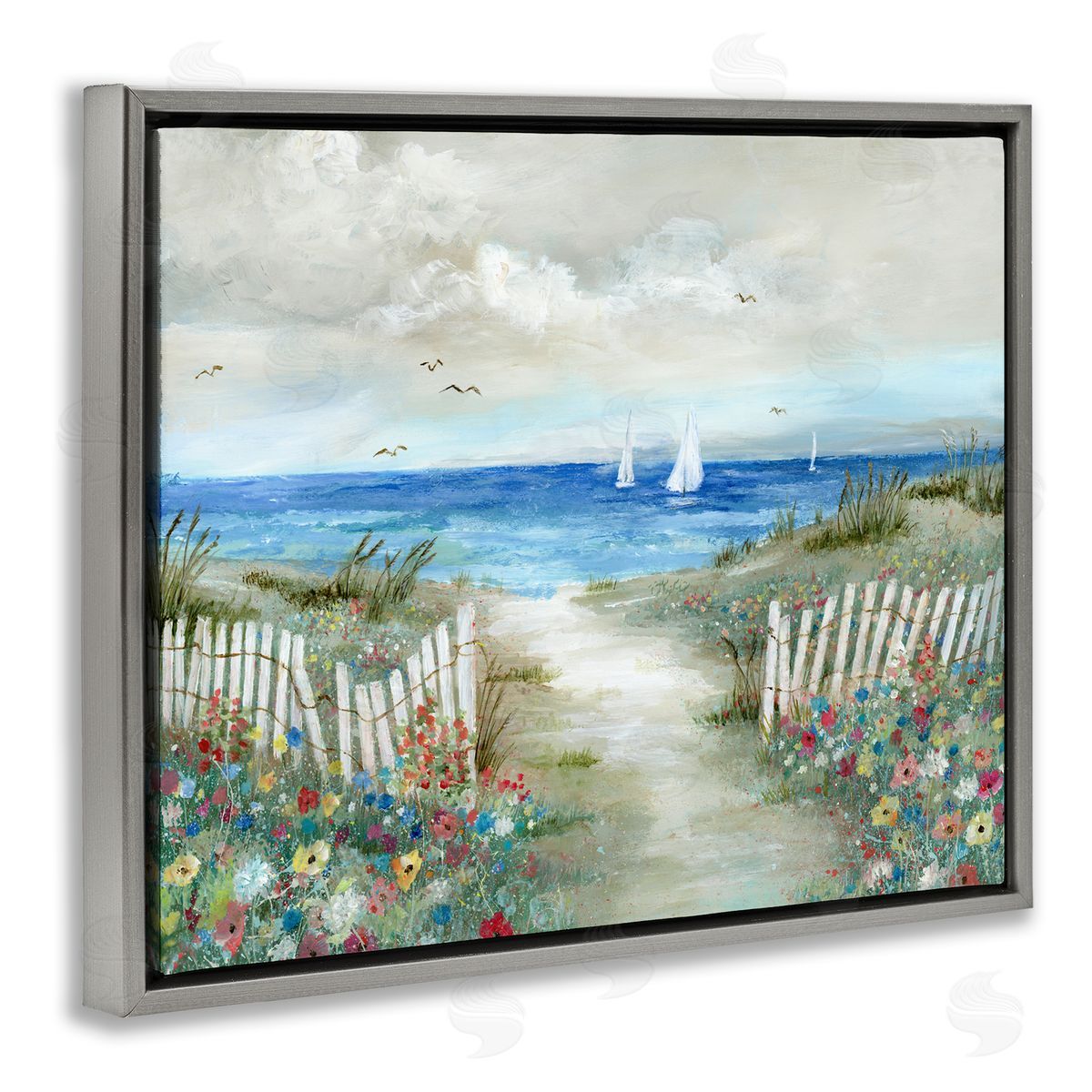 Nan Tranquil Beachside Flower Meadow Ocean Sailboats Scene Gray Floating Frame Canvas Wall Art Print
