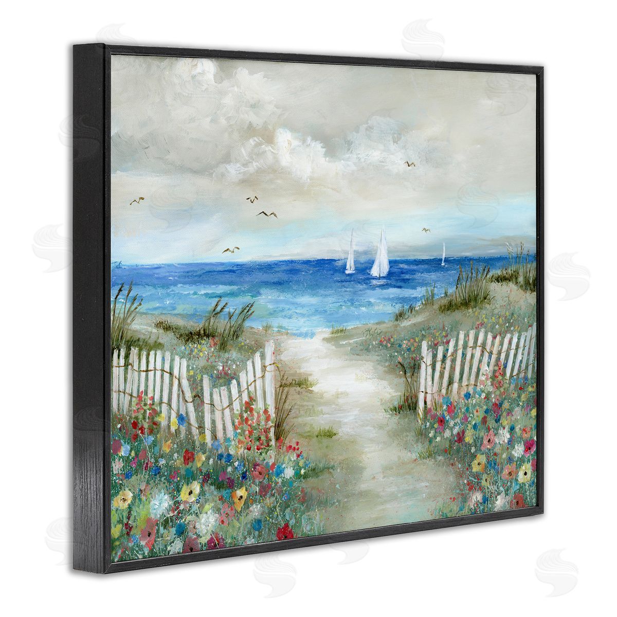 Nan Tranquil Beachside Flower Meadow Ocean Sailboats Scene Black Framed Giclee Wall Art Print