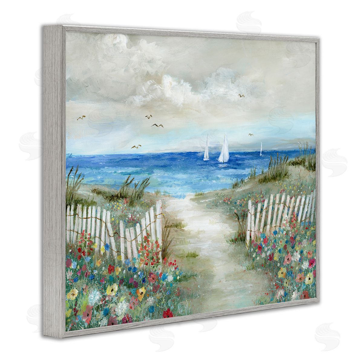 Nan Tranquil Beachside Flower Meadow Ocean Sailboats Scene Gray Framed Giclee Wall Art Print