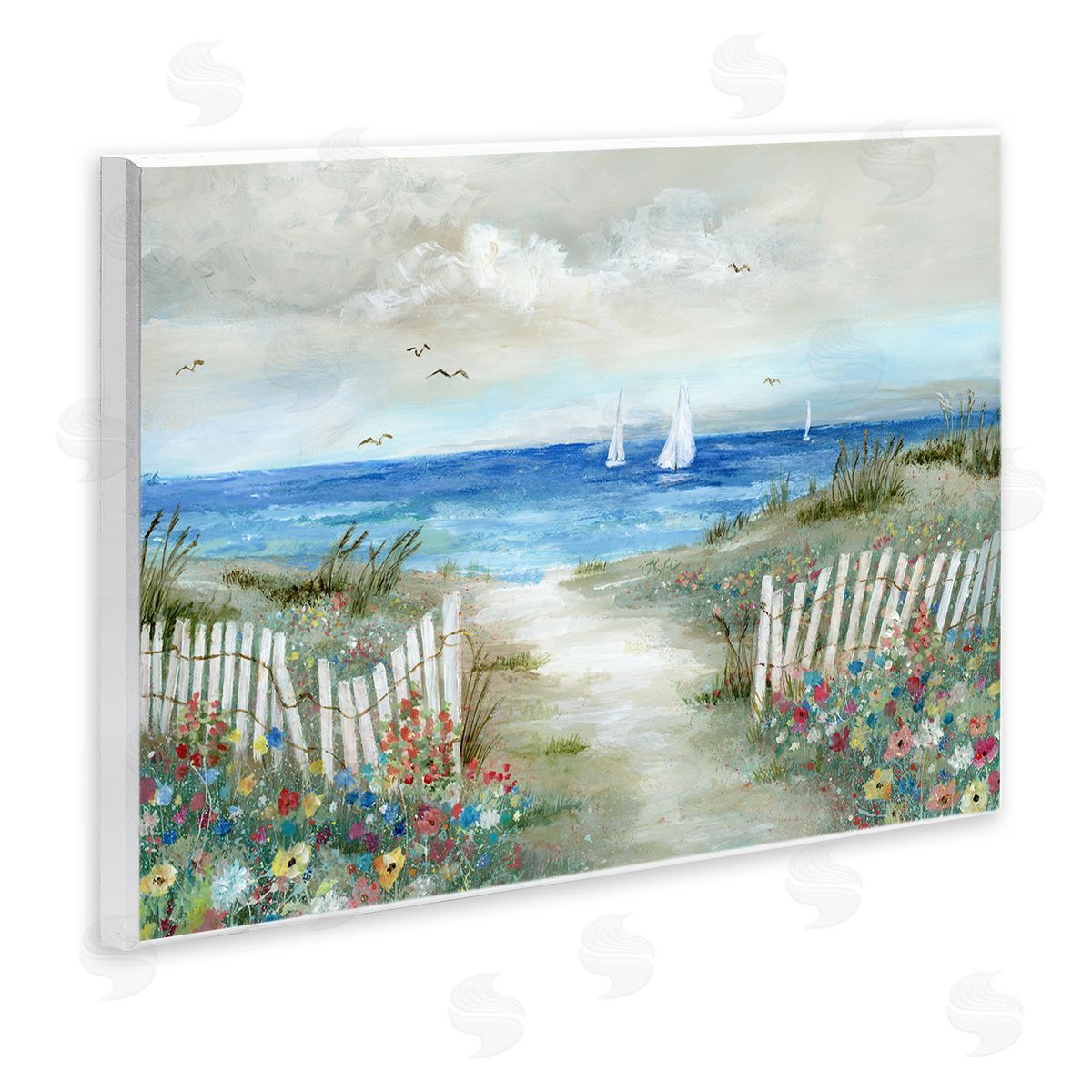 Nan Tranquil Beachside Flower Meadow Ocean Sailboats Scene Wall Plaque Art Print
