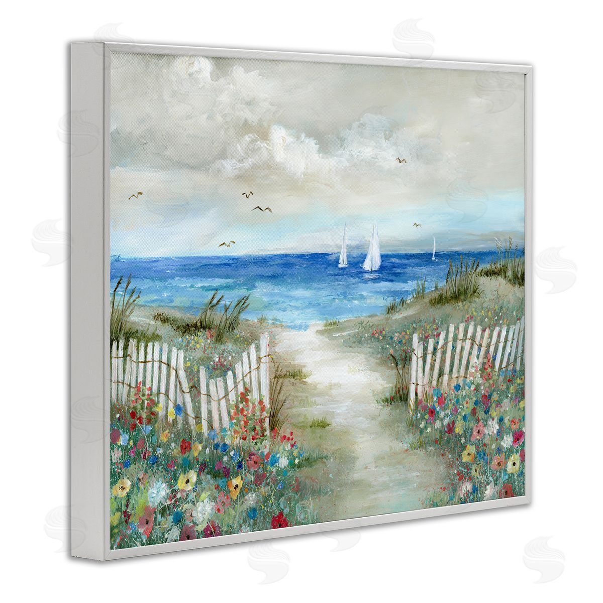 Nan Tranquil Beachside Flower Meadow Ocean Sailboats Scene White Framed Giclee Wall Art Print