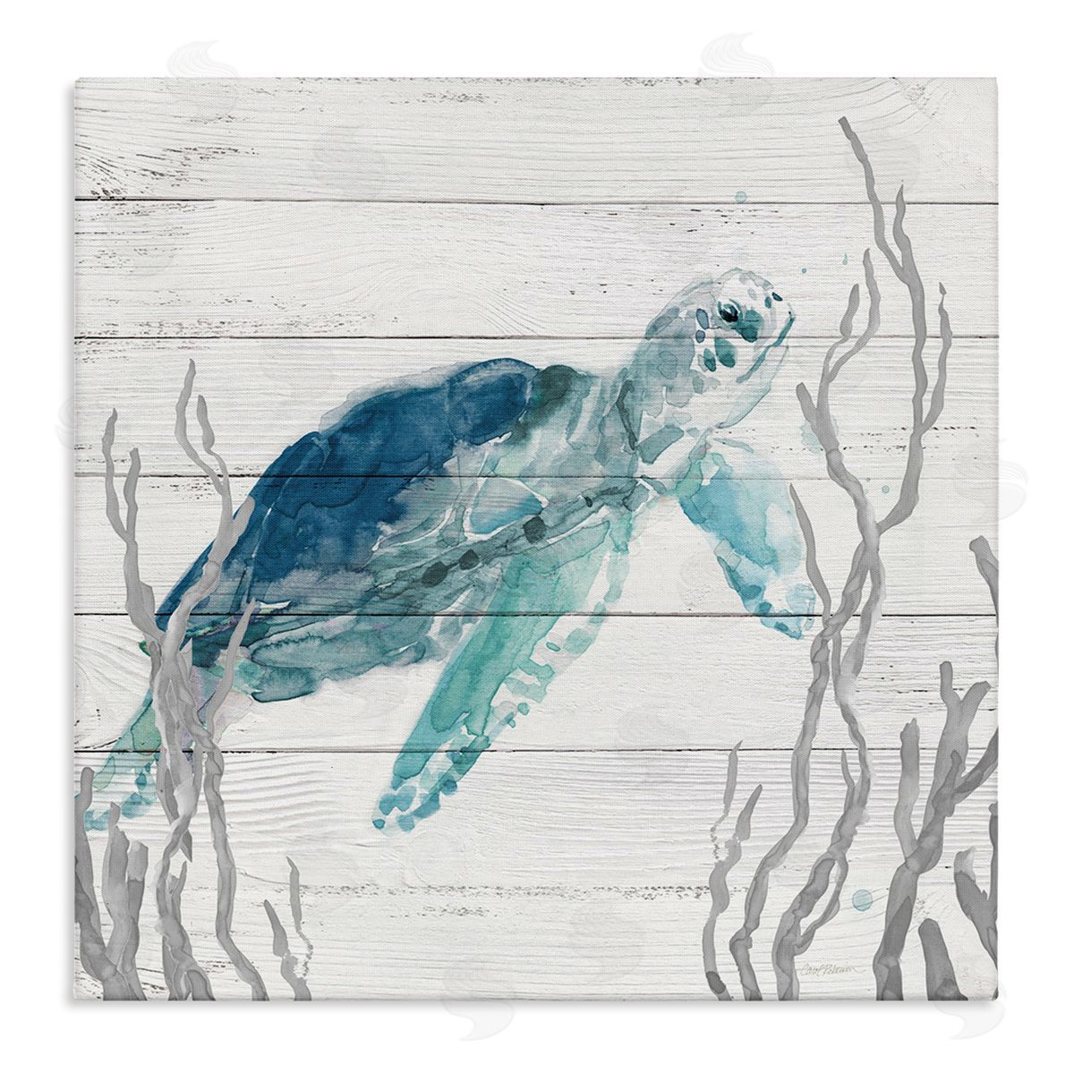 Carol Robinson Sea Turtle Ocean Botanicals Rustic Plank Pattern Stretched Canvas Wall Art Print