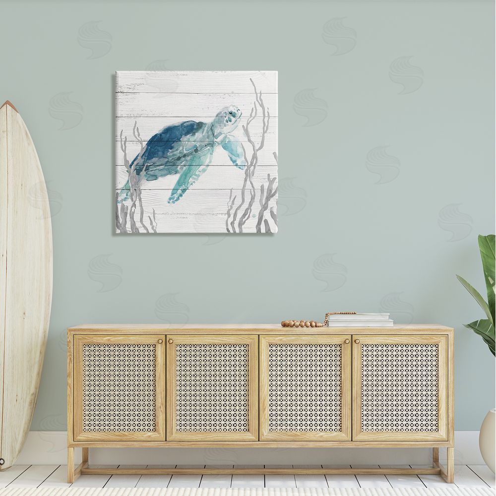 Carol Robinson Sea Turtle Ocean Botanicals Rustic Plank Pattern Canvas Wall Art in Room