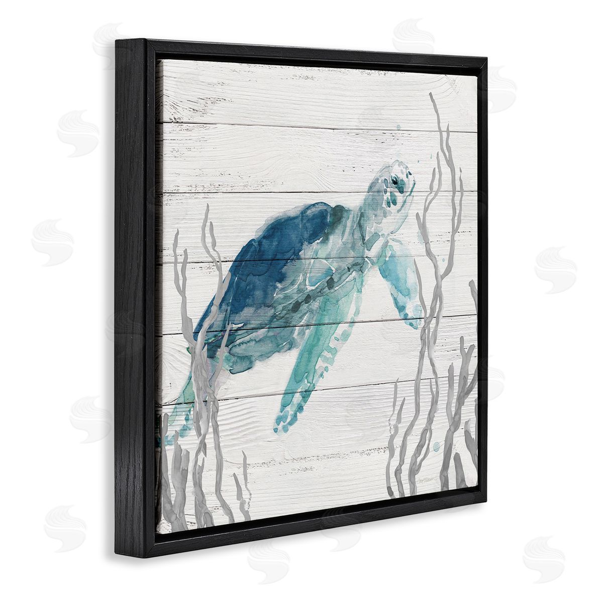 Carol Robinson Sea Turtle Ocean Botanicals Rustic Plank Pattern Black Floating Frame Canvas Wall Art Print