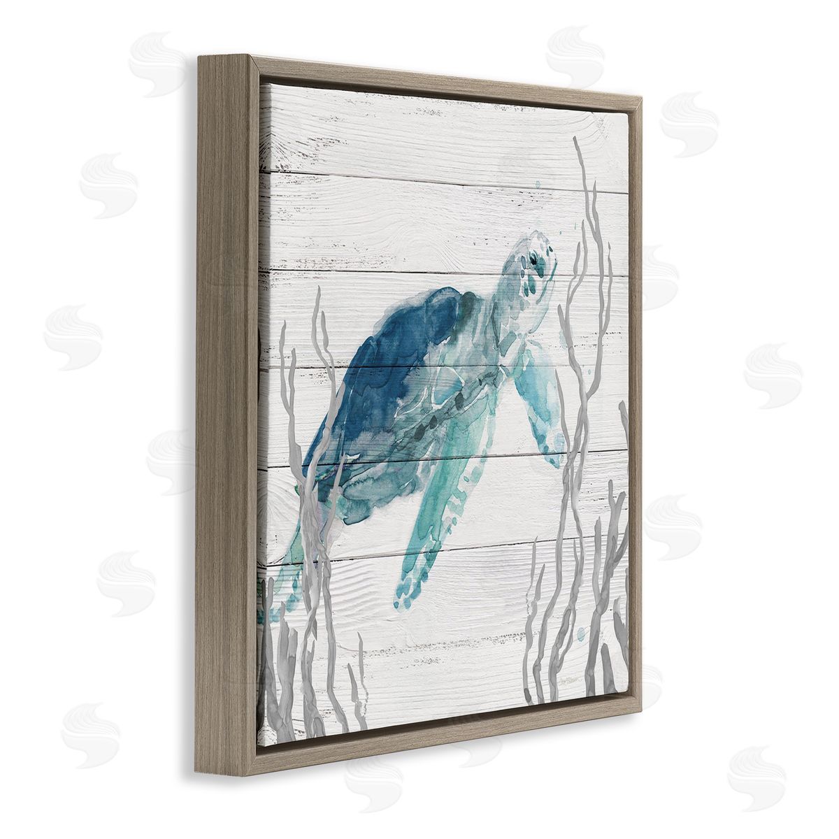Carol Robinson Sea Turtle Ocean Botanicals Rustic Plank Pattern Brown Floating Frame Canvas Wall Art Print