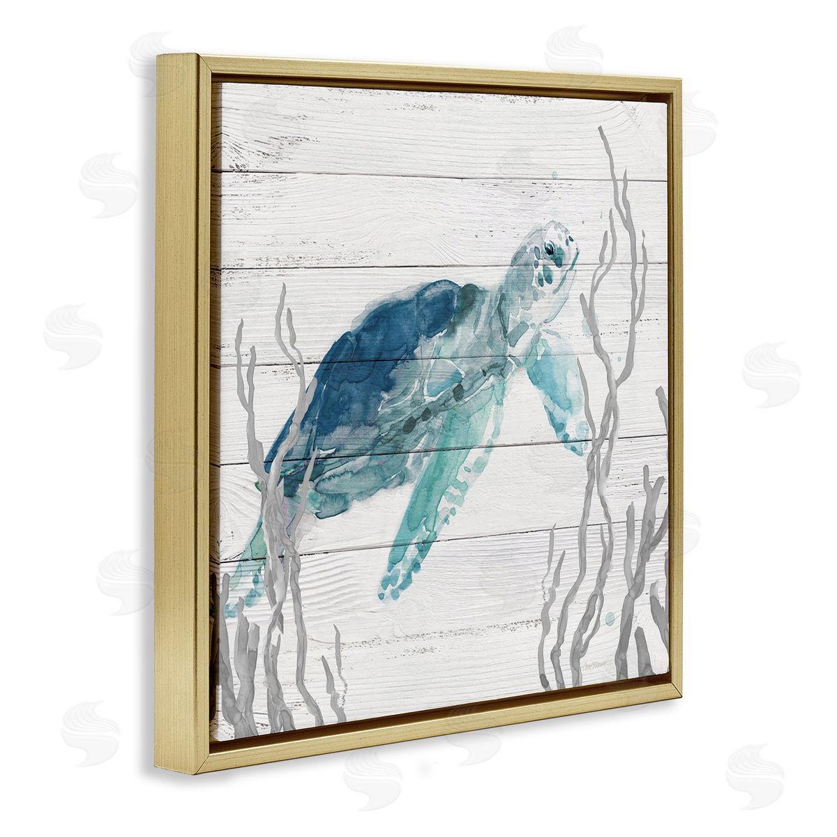 Carol Robinson Sea Turtle Ocean Botanicals Rustic Plank Pattern Gold Floating Frame Canvas Wall Art Print