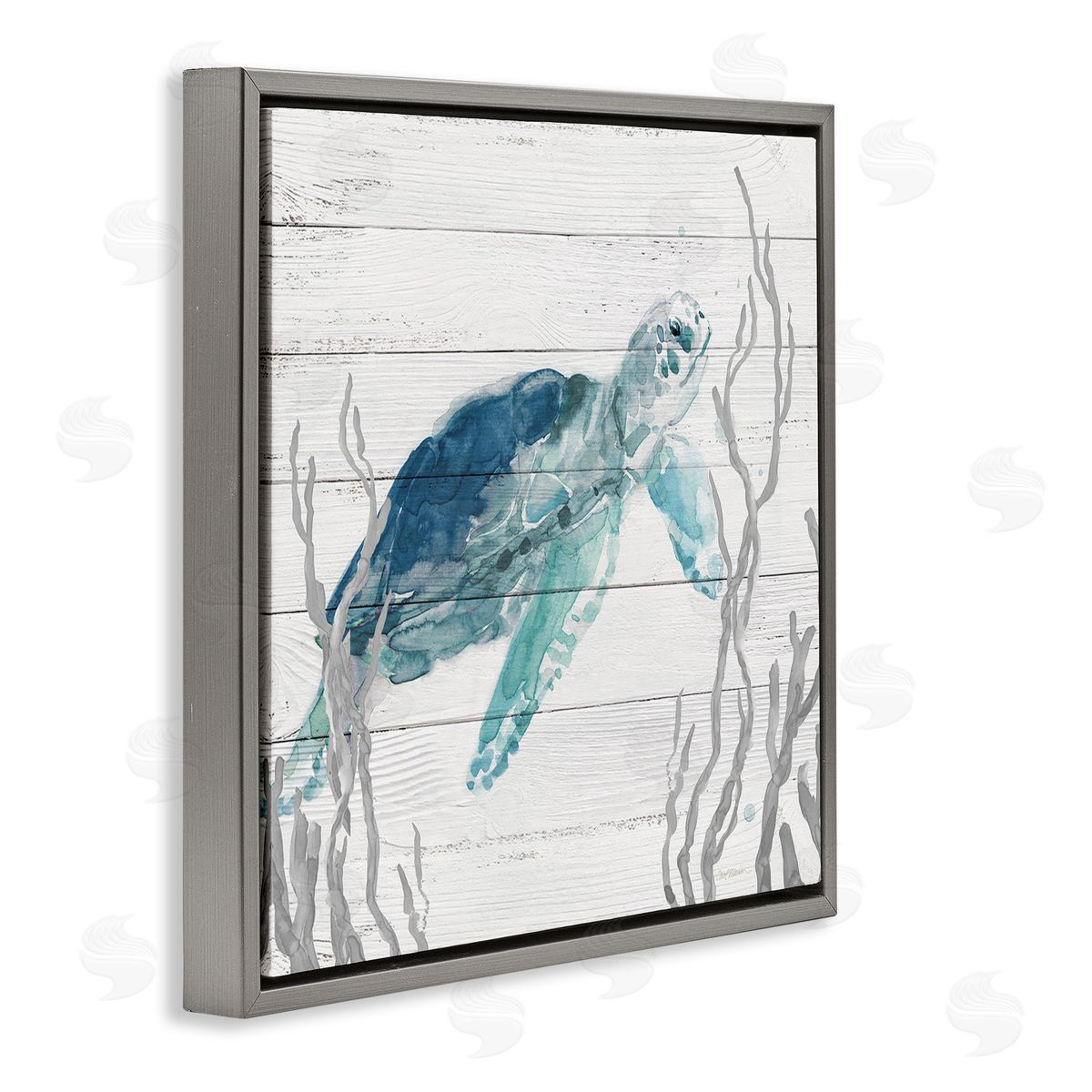 Carol Robinson Sea Turtle Ocean Botanicals Rustic Plank Pattern Gray Floating Frame Canvas Wall Art Print