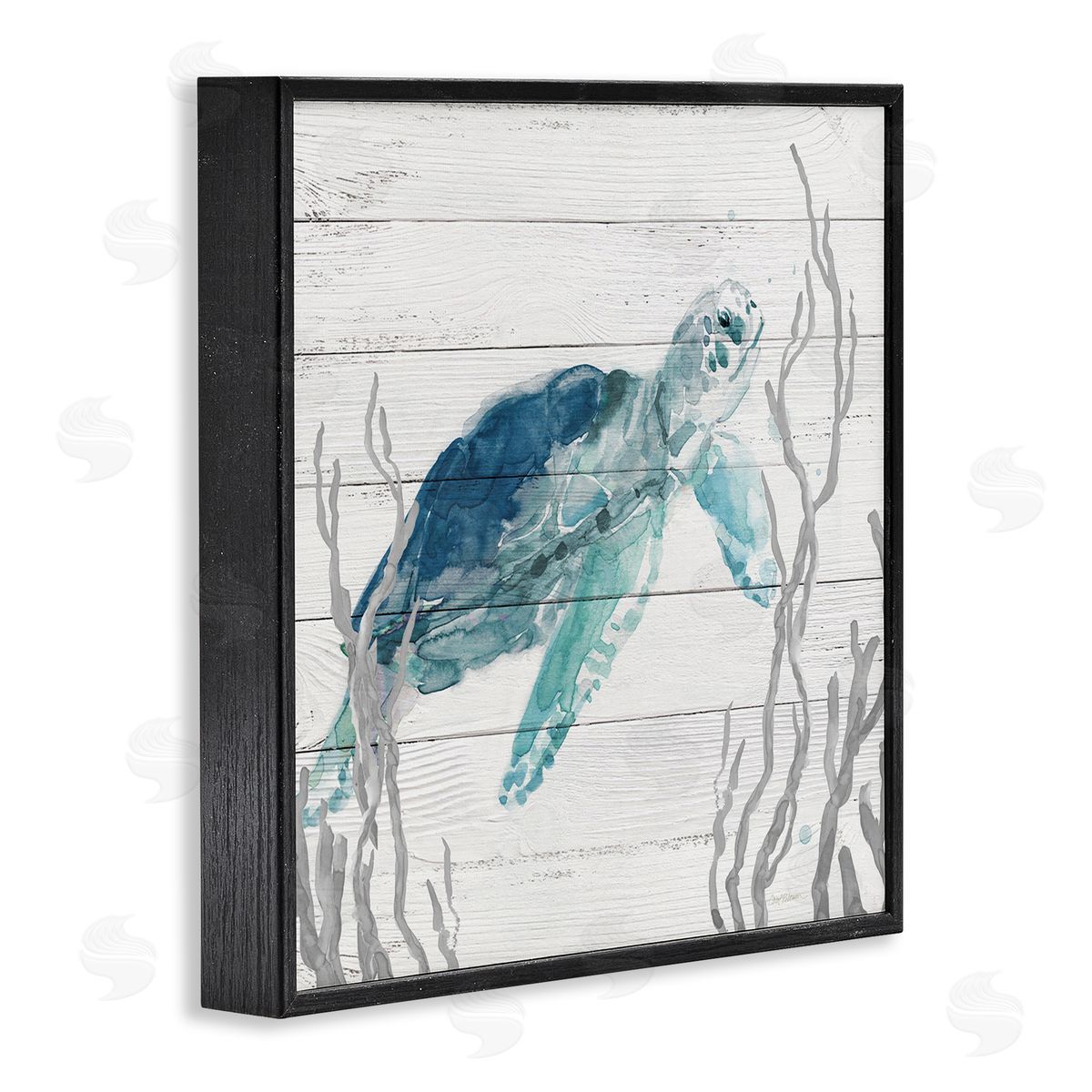 Carol Robinson Sea Turtle Ocean Botanicals Rustic Plank Pattern Black Framed Glicee Wall Art Print