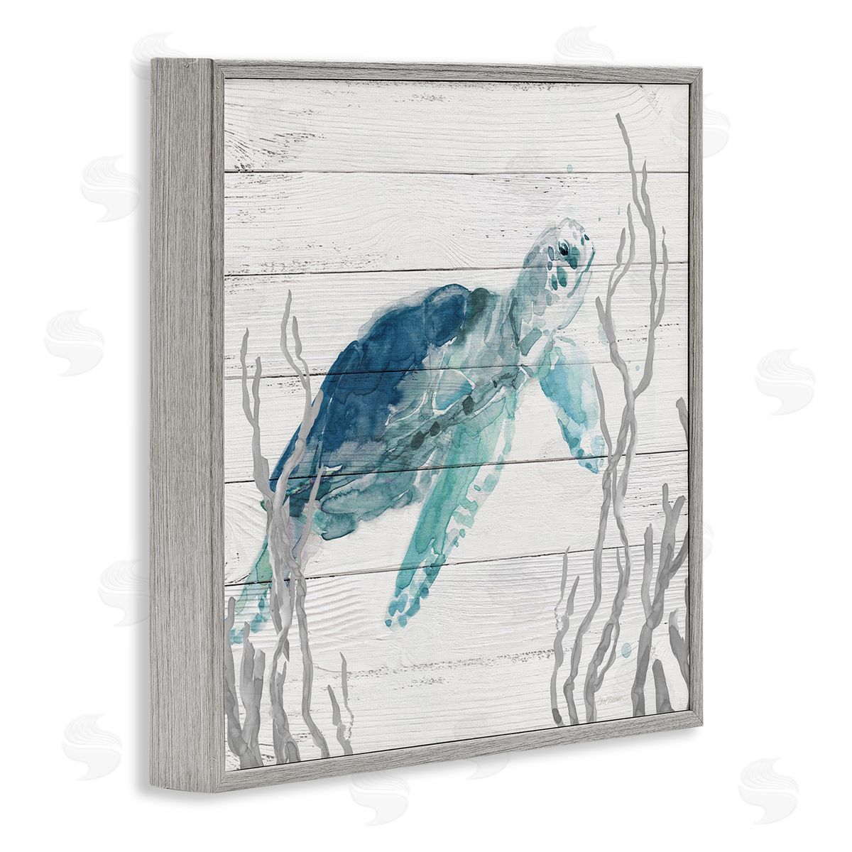 Carol Robinson Sea Turtle Ocean Botanicals Rustic Plank Pattern Gray Framed Glicee Wall Art Print