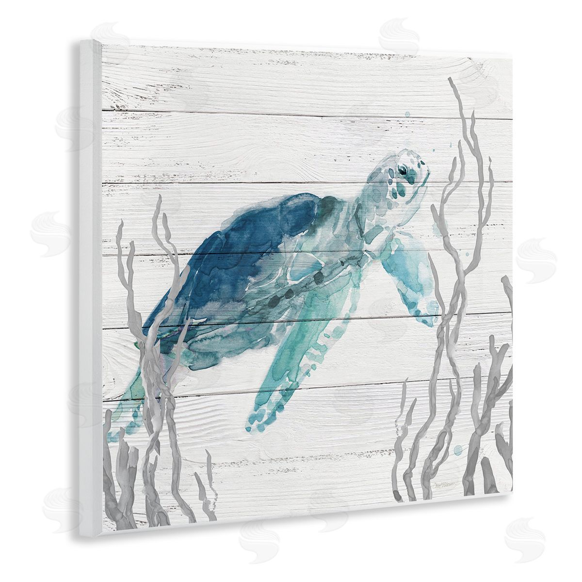 Carol Robinson Sea Turtle Ocean Botanicals Rustic Plank Pattern Wooden Wall Plaque Art Print