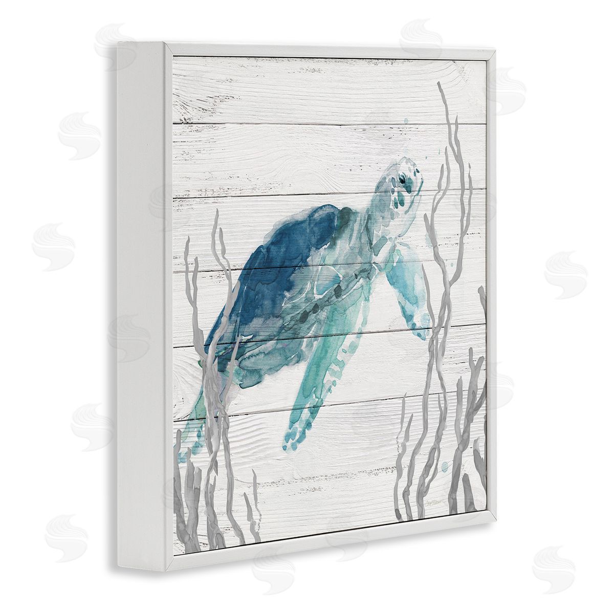 Carol Robinson Sea Turtle Ocean Botanicals Rustic Plank Pattern White Framed Glicee Wall Art Print