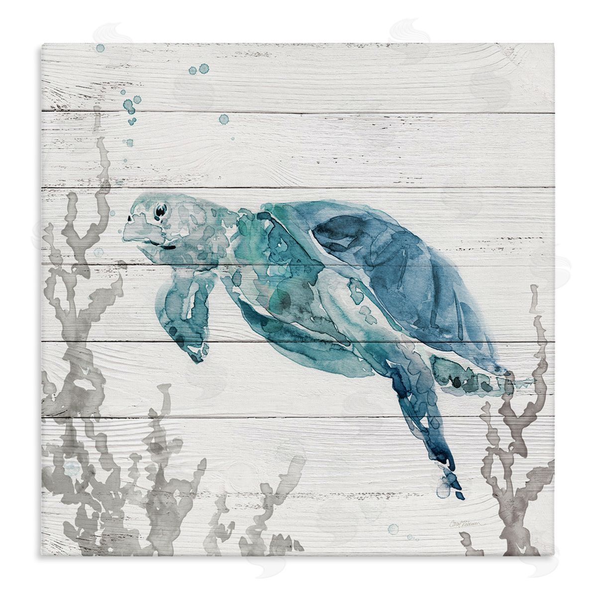 Carol Robinson Swimming Sea Turtle Coral Beach Plank Design Stretched Canvas Wall Art Print