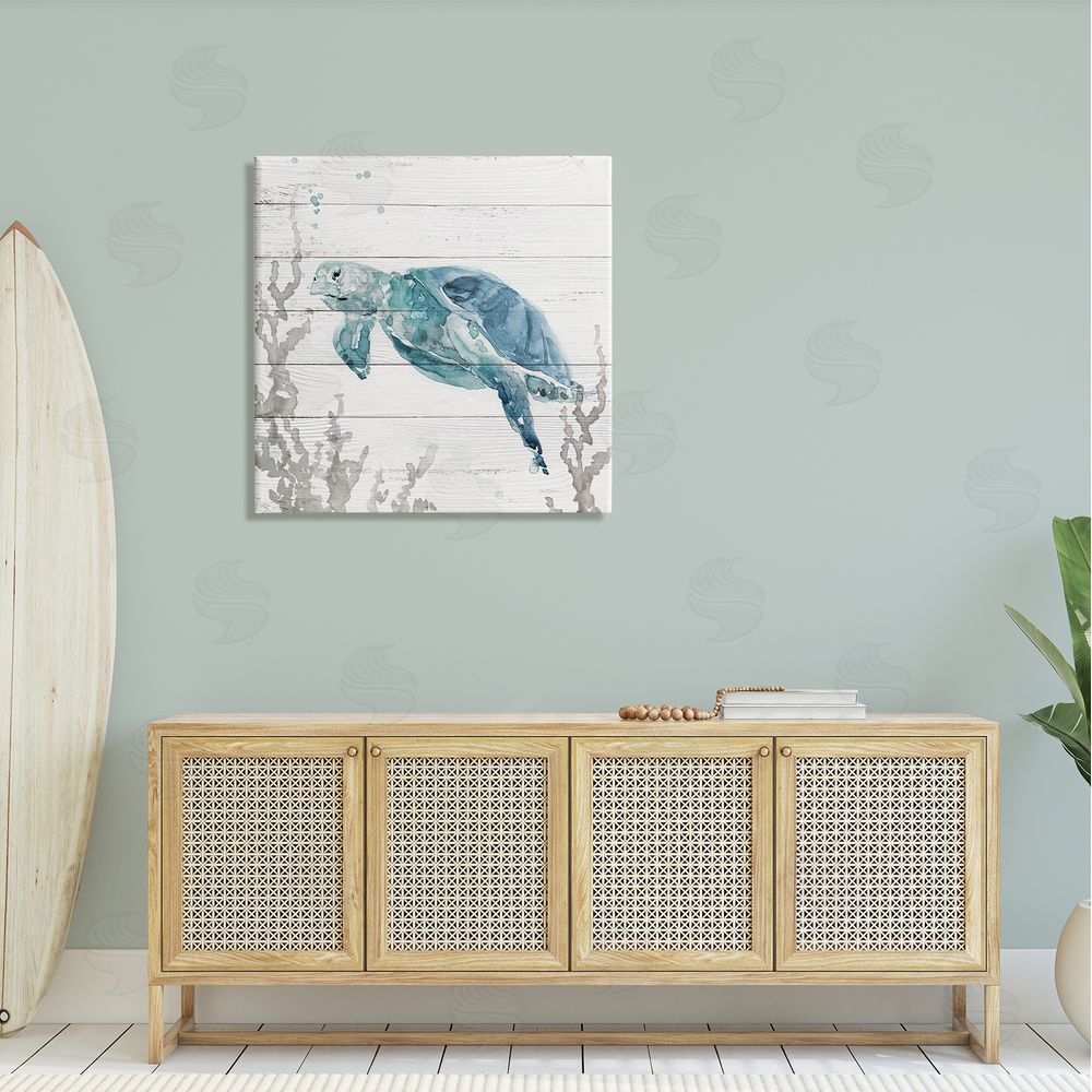 Carol Robinson Swimming Sea Turtle Coral Beach Plank Design Canvas Wall Art in Room