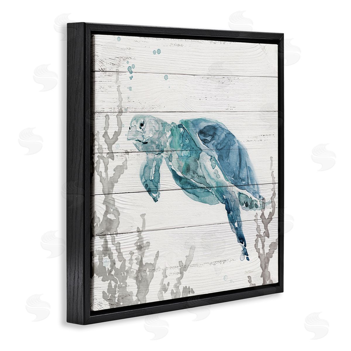 Carol Robinson Swimming Sea Turtle Coral Beach Plank Design Black Floating Frame Canvas Wall Art Print