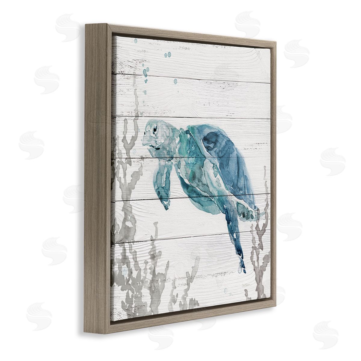 Carol Robinson Swimming Sea Turtle Coral Beach Plank Design Brown Floating Frame Canvas Wall Art Print