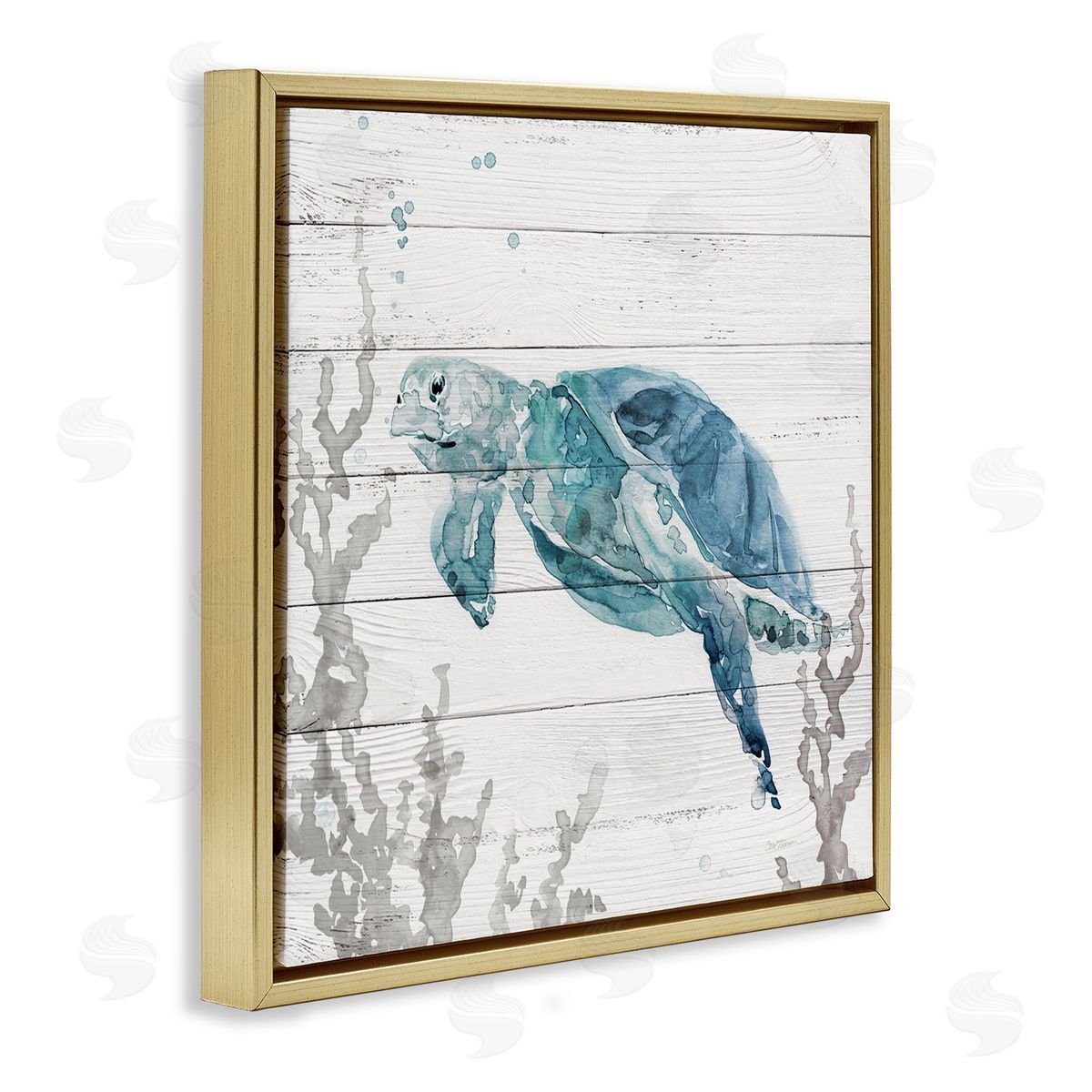 Carol Robinson Swimming Sea Turtle Coral Beach Plank Design Gold Floating Frame Canvas Wall Art Print