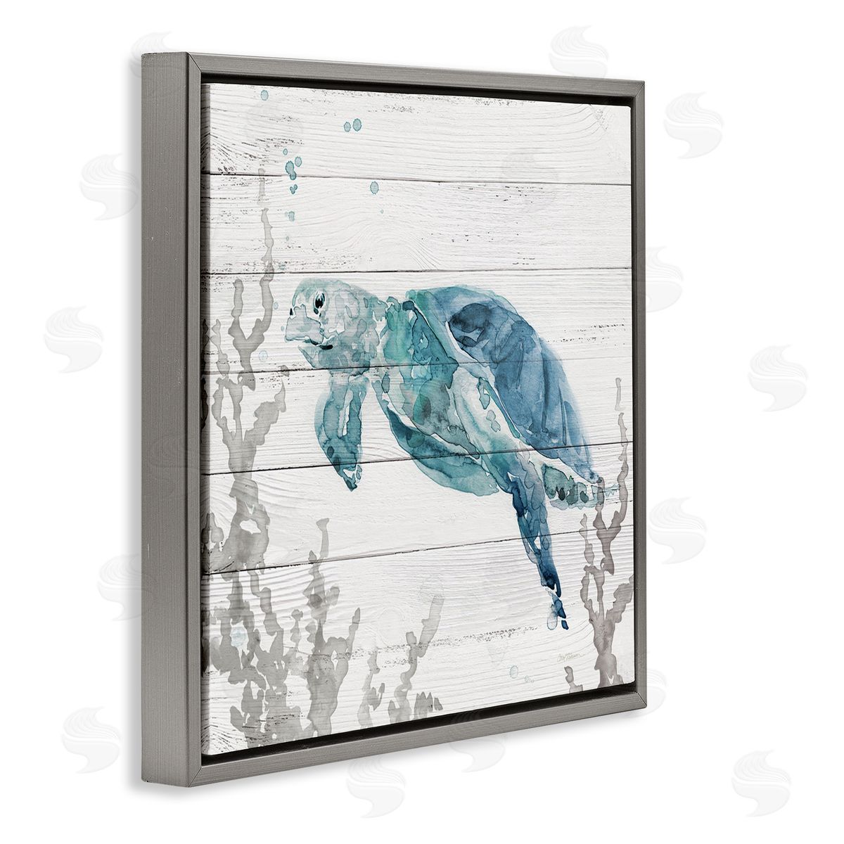 Carol Robinson Swimming Sea Turtle Coral Beach Plank Design Gray Floating Frame Canvas Wall Art Print