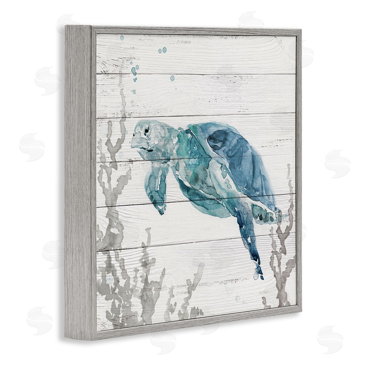 Carol Robinson Swimming Sea Turtle Coral Beach Plank Design Gray Framed Glicee Wall Art Print