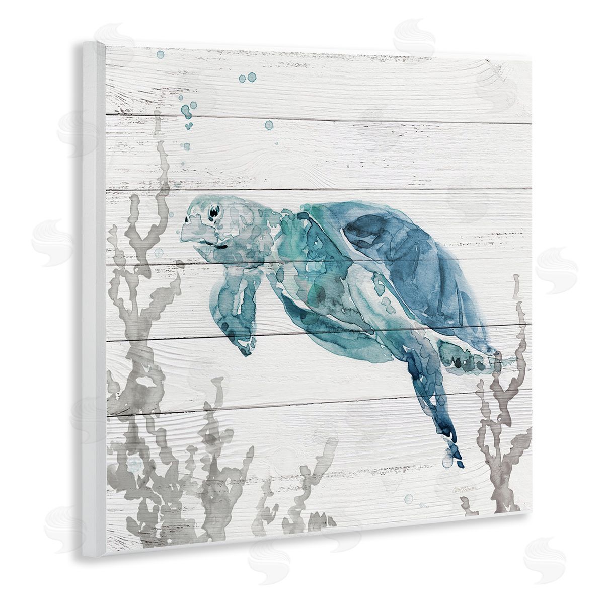 Carol Robinson Swimming Sea Turtle Coral Beach Plank Design Wooden Wall Plaque Art Print