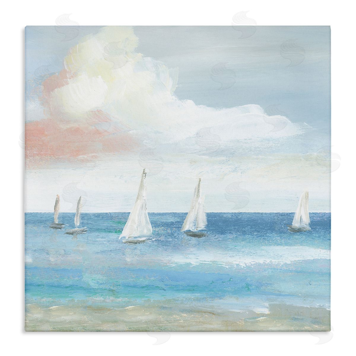 Nan Quiet Sailboats Ocean Water Waves Puffy Clouds Stretched Canvas Wall Art Print