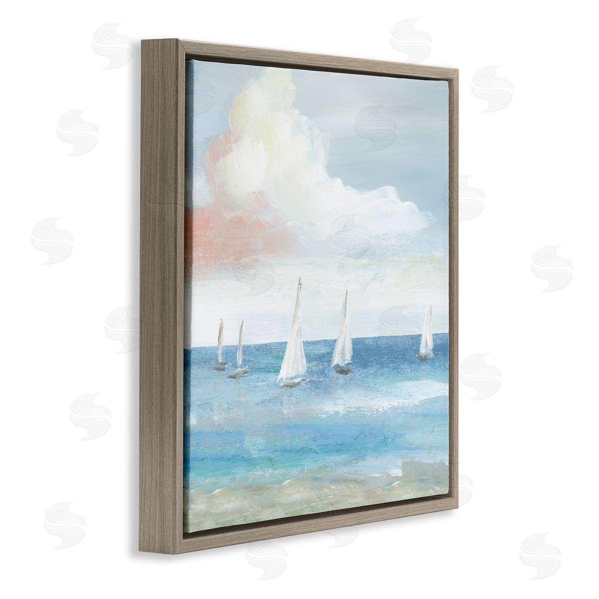 Nan Quiet Sailboats Ocean Water Waves Puffy Clouds Brown Floating Frame Canvas Wall Art Print