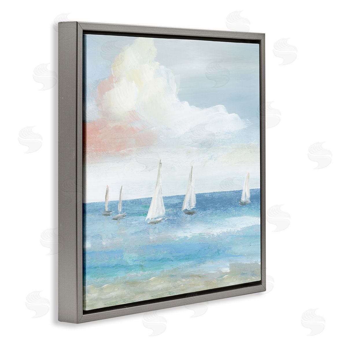 Nan Quiet Sailboats Ocean Water Waves Puffy Clouds Gray Floating Frame Canvas Wall Art Print