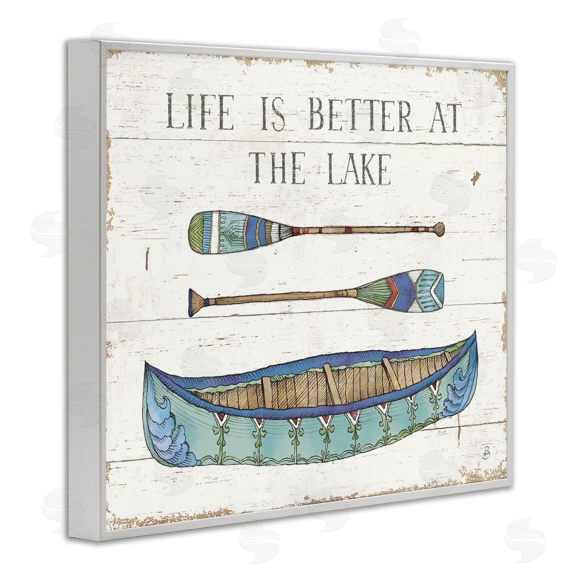 Daphne Brissonnet Life Better At Lake Rustic Canoe Ores Grain Pattern White Framed Giclee Wall Art Print