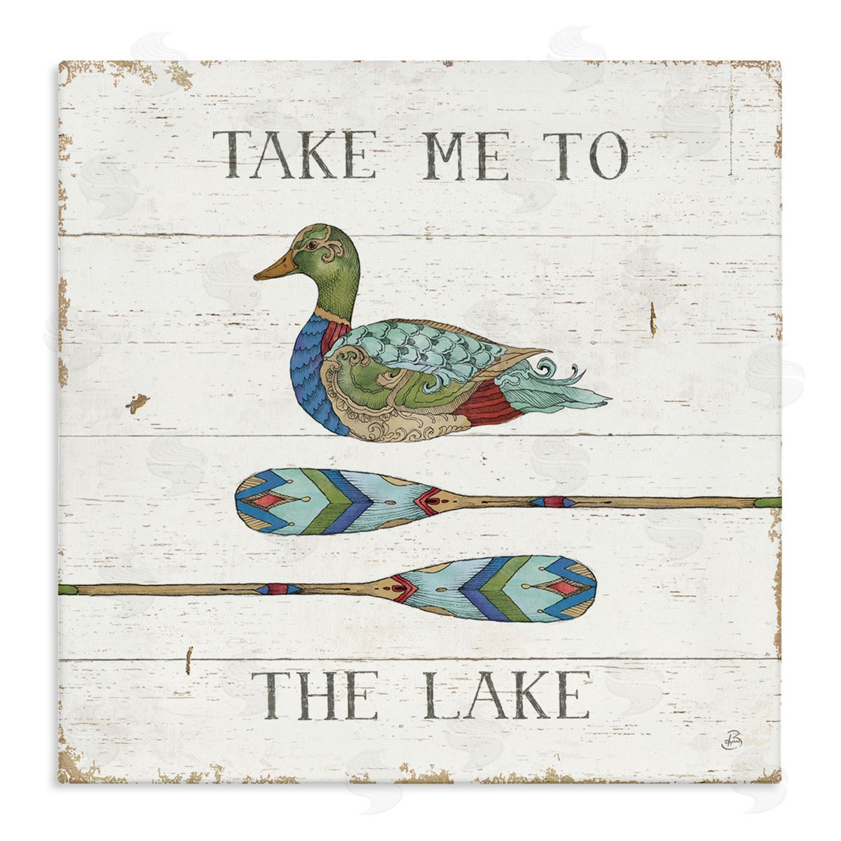 Daphne Brissonnet Take Me To Lake Typography Patterned Duck & Ores  Stretched Canvas Wall Art Print