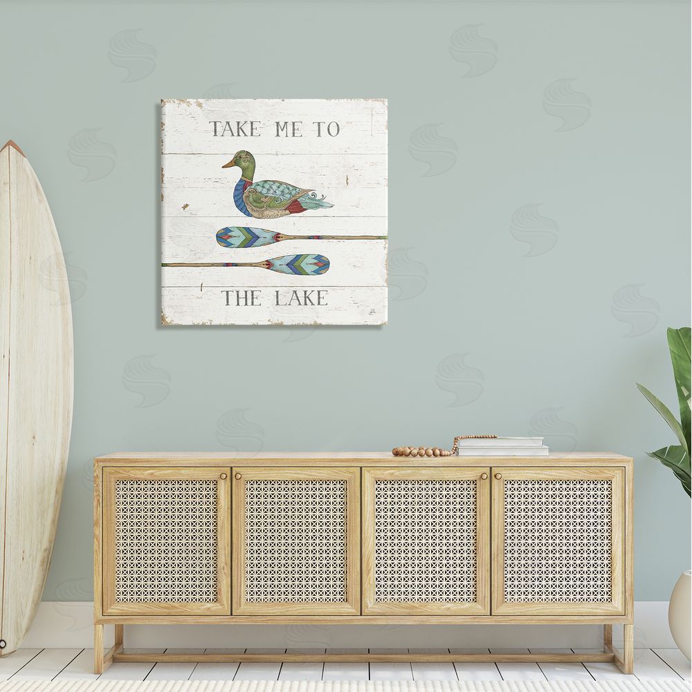 Daphne Brissonnet Take Me To Lake Typography Patterned Duck & Ores  Canvas Wall Art in Room