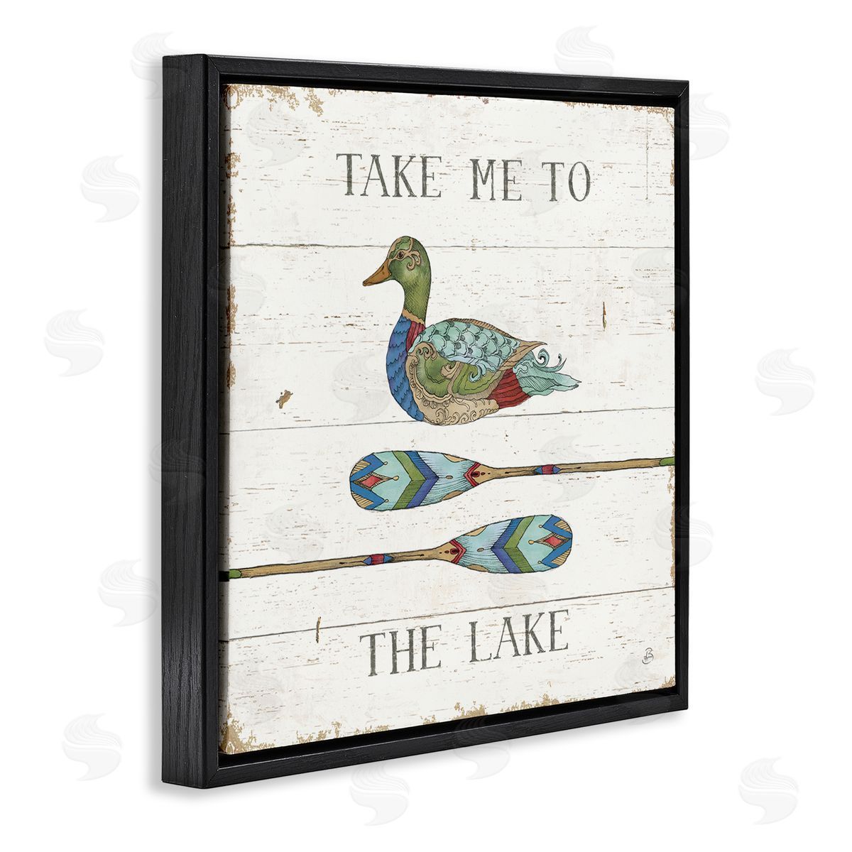 Daphne Brissonnet Take Me To Lake Typography Patterned Duck & Ores  Black Floating Frame Canvas Wall Art Print