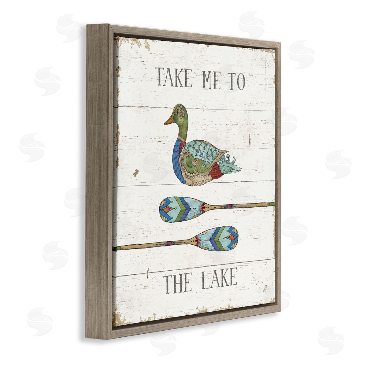 Daphne Brissonnet Take Me To Lake Typography Patterned Duck & Ores  Brown Floating Frame Canvas Wall Art Print