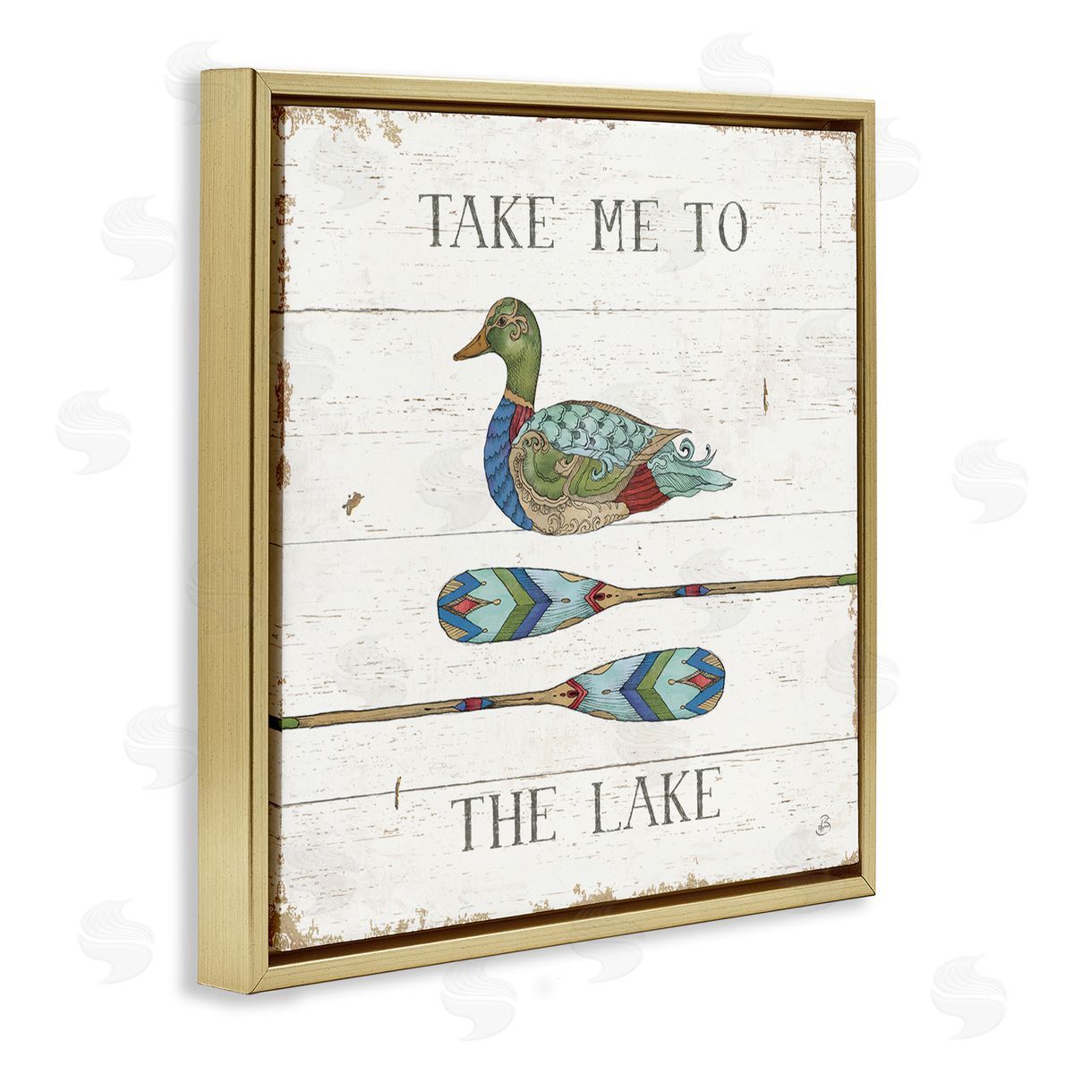 Daphne Brissonnet Take Me To Lake Typography Patterned Duck & Ores  Gold Floating Frame Canvas Wall Art Print