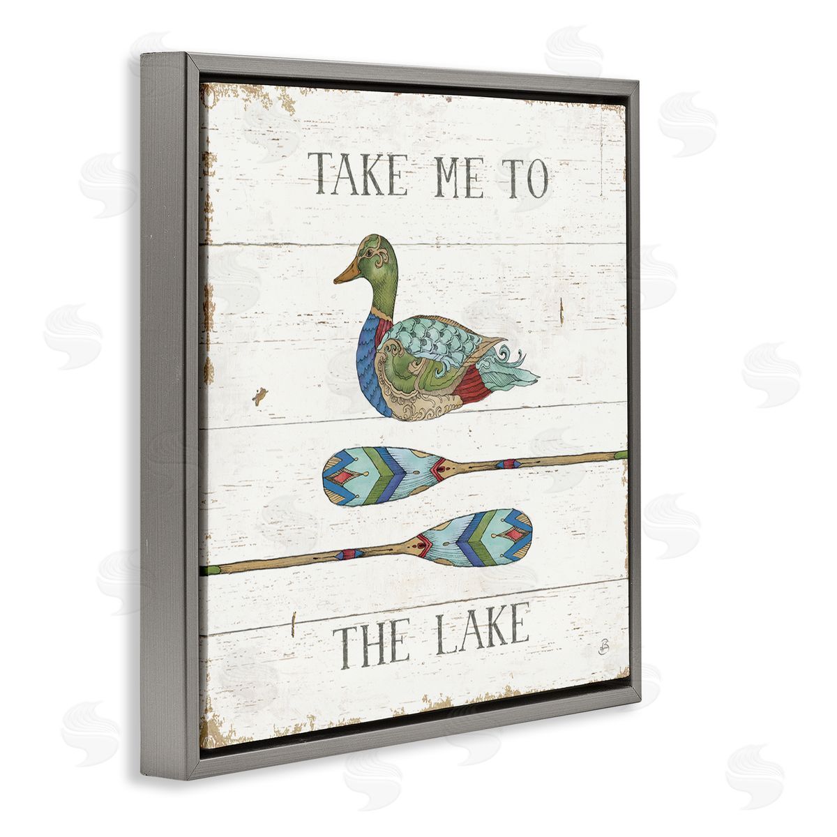 Daphne Brissonnet Take Me To Lake Typography Patterned Duck & Ores  Gray Floating Frame Canvas Wall Art Print