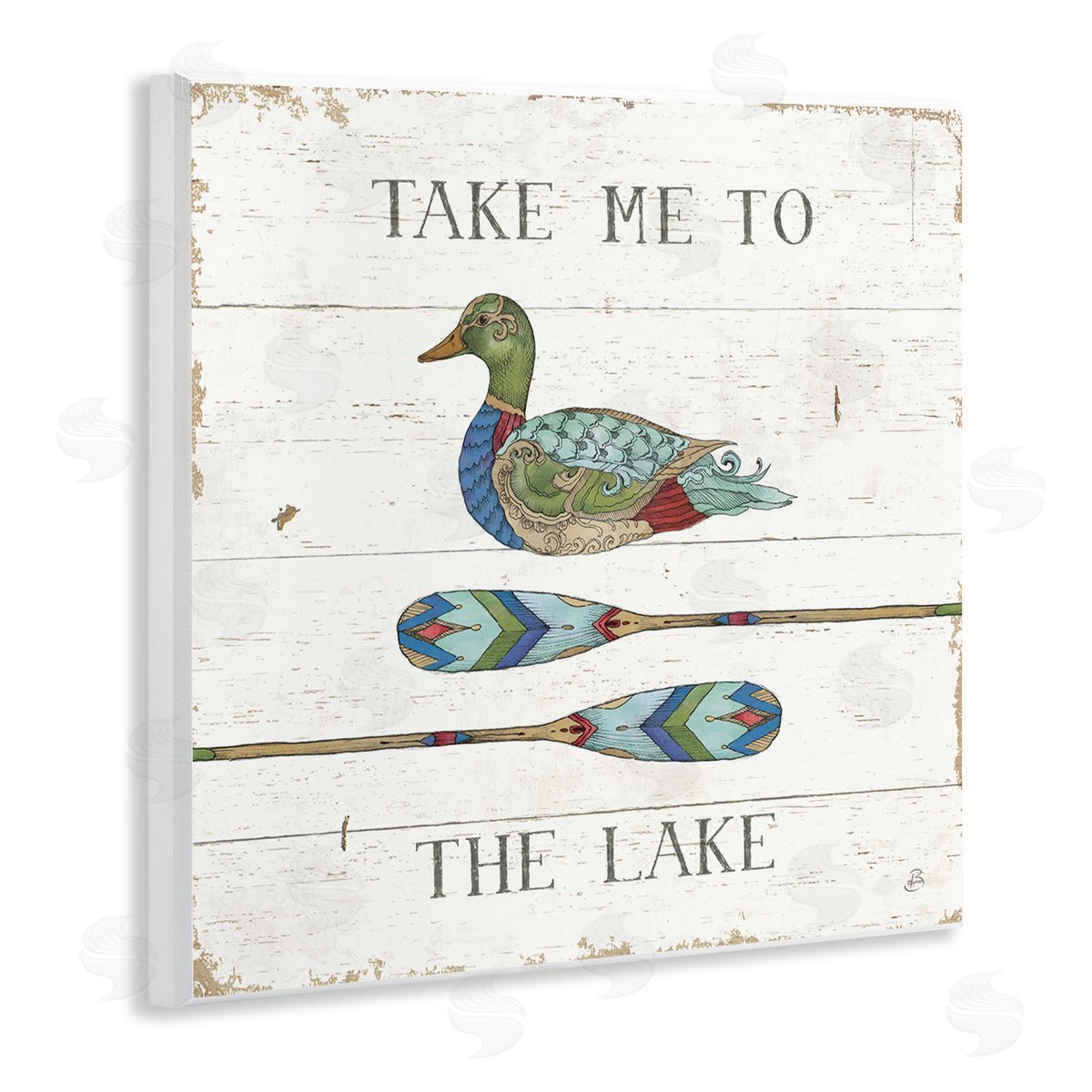 Daphne Brissonnet Take Me To Lake Typography Patterned Duck & Ores  Wooden Wall Plaque Art Print