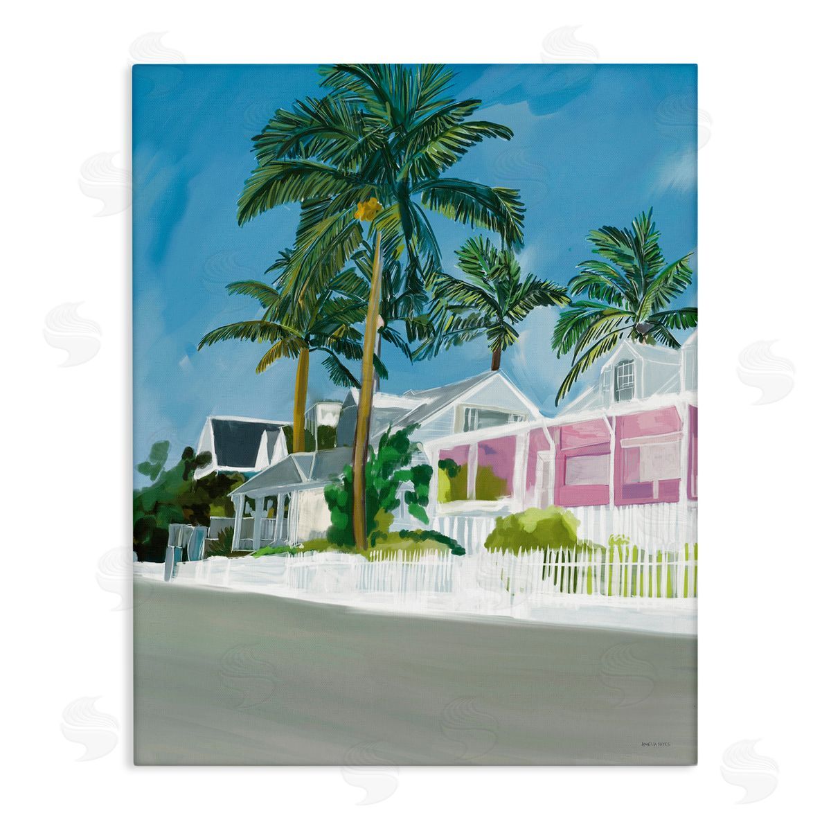 Amelia Noyes Tropical Palm Trees Summer Vacation Resort Houses Stretched Canvas Wall Art Print