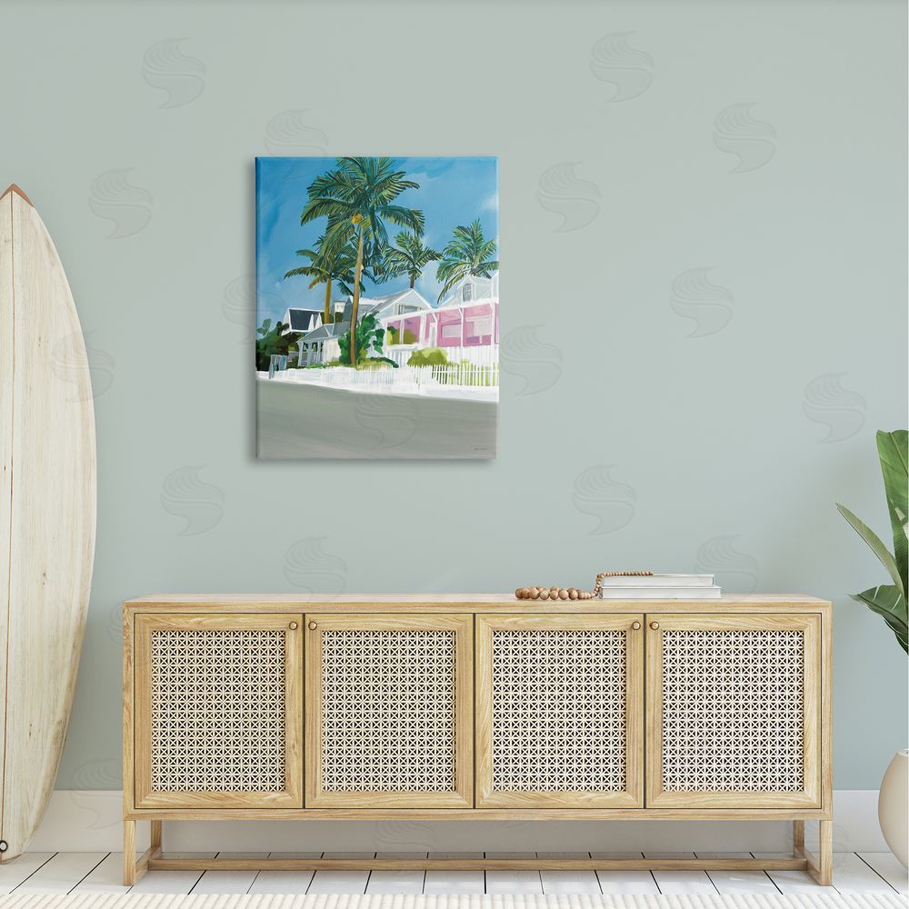 Amelia Noyes Tropical Palm Trees Summer Vacation Resort Houses Canvas Wall Art Print in Room