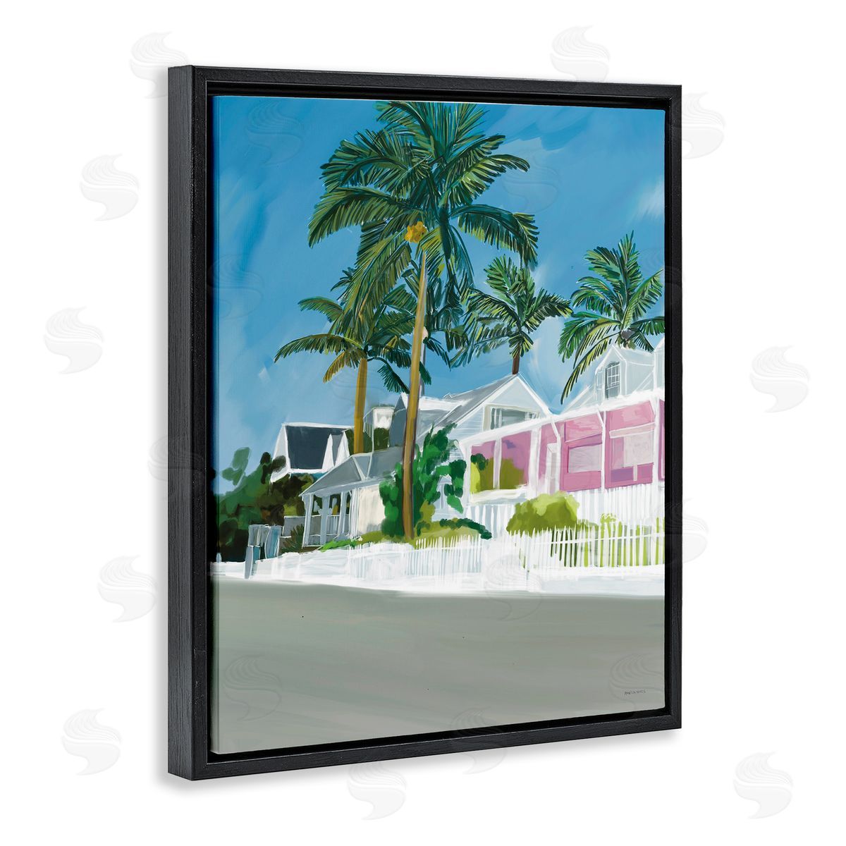 Amelia Noyes Tropical Palm Trees Summer Vacation Resort Houses Black Floating Frame Canvas Wall Art Print