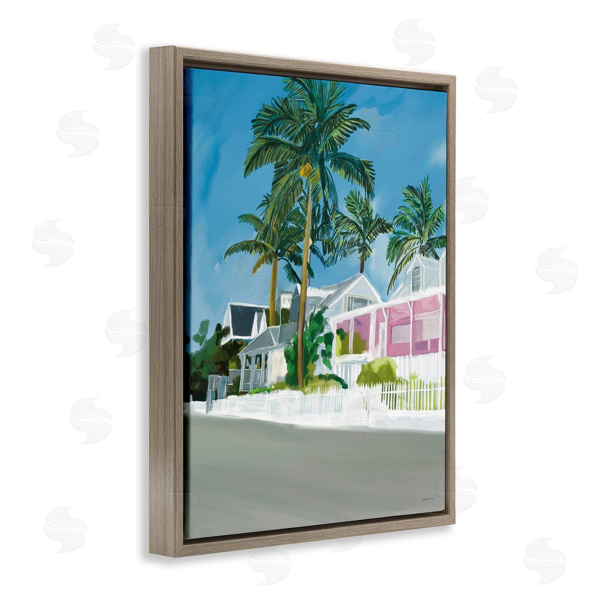 Amelia Noyes Tropical Palm Trees Summer Vacation Resort Houses Brown Floating Frame Canvas Wall Art Print