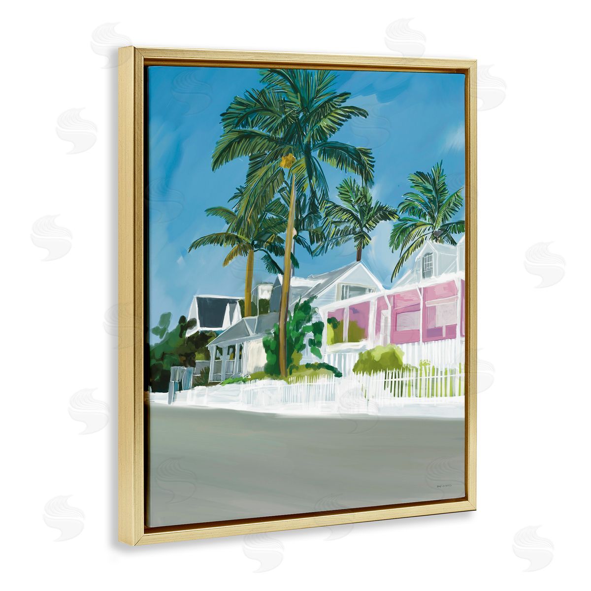 Amelia Noyes Tropical Palm Trees Summer Vacation Resort Houses Gold Floating Frame Canvas Wall Art Print