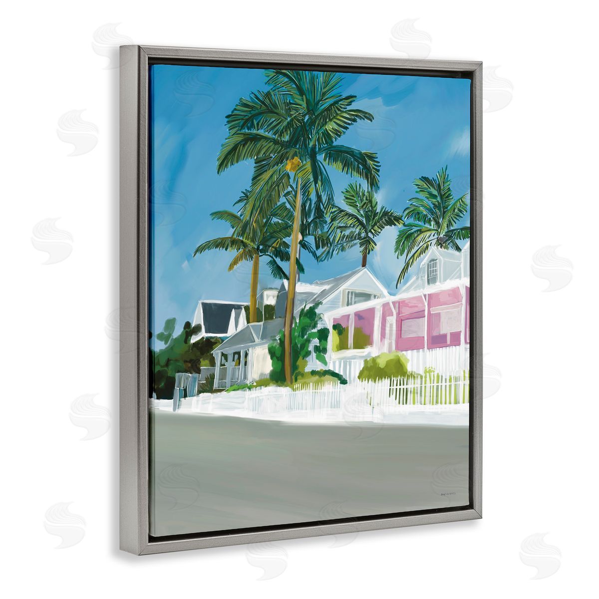 Amelia Noyes Tropical Palm Trees Summer Vacation Resort Houses Gray Floating Frame Canvas Wall Art Print
