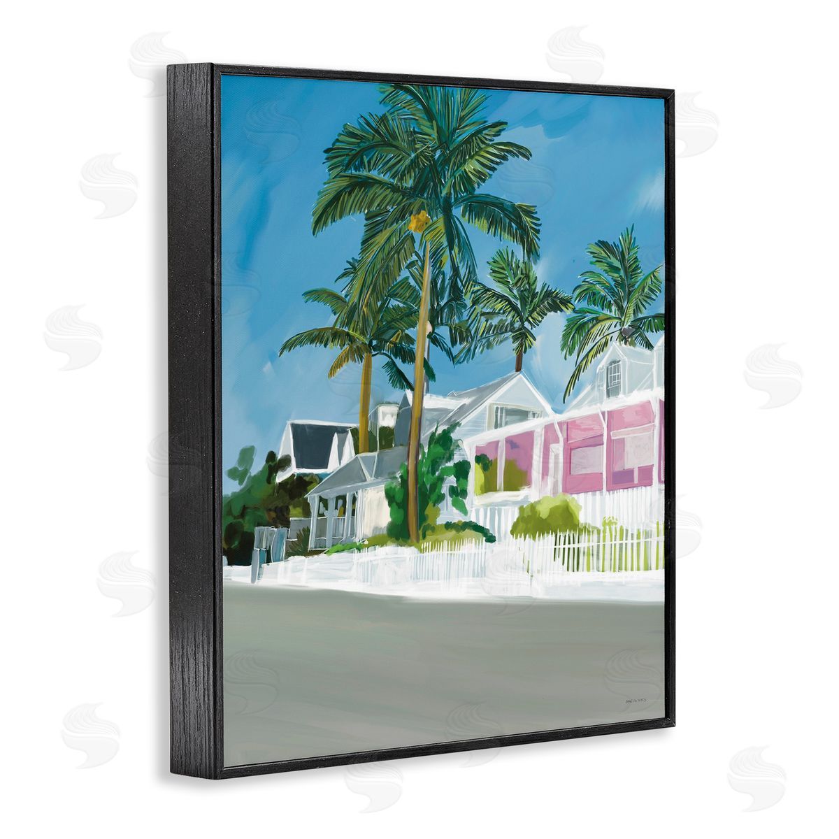 Amelia Noyes Tropical Palm Trees Summer Vacation Resort Houses Black Framed Giclee Wall Art Print