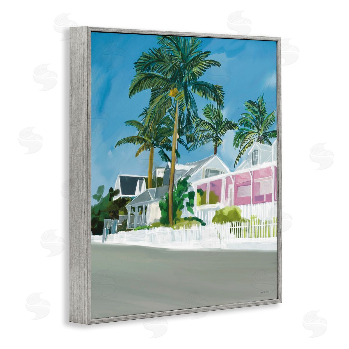 Amelia Noyes Tropical Palm Trees Summer Vacation Resort Houses Gray Framed Giclee Wall Art Print