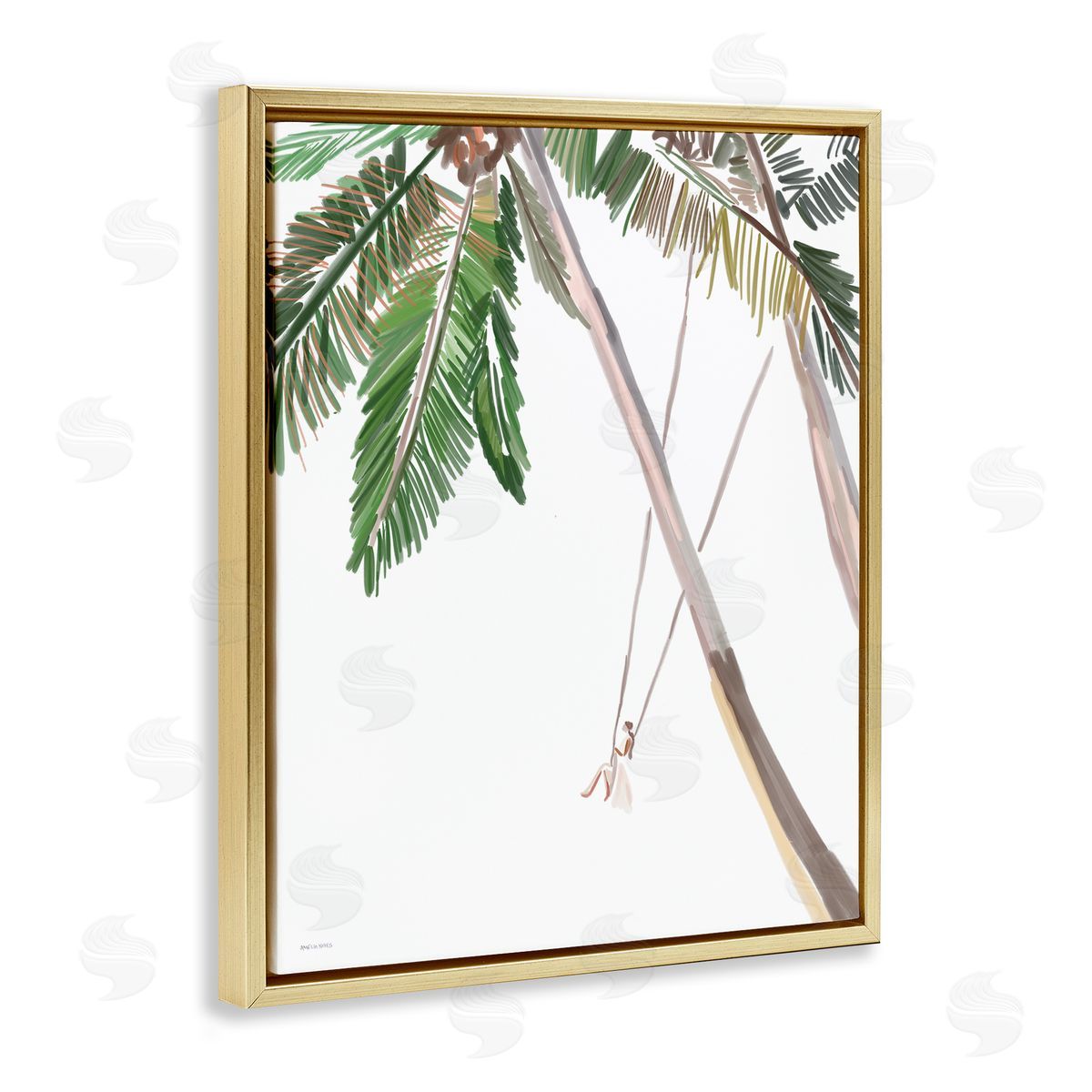 Amelia Noyes Girl Swinging Tropical Palm Trees Casual Gold Floating Frame Canvas Wall Art Print
