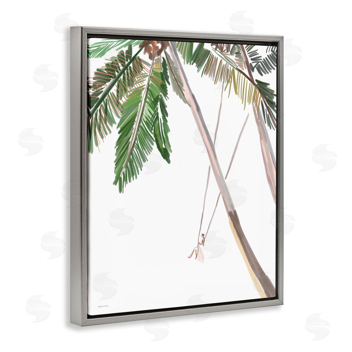 Amelia Noyes Girl Swinging Tropical Palm Trees Casual Gray Floating Frame Canvas Wall Art Print