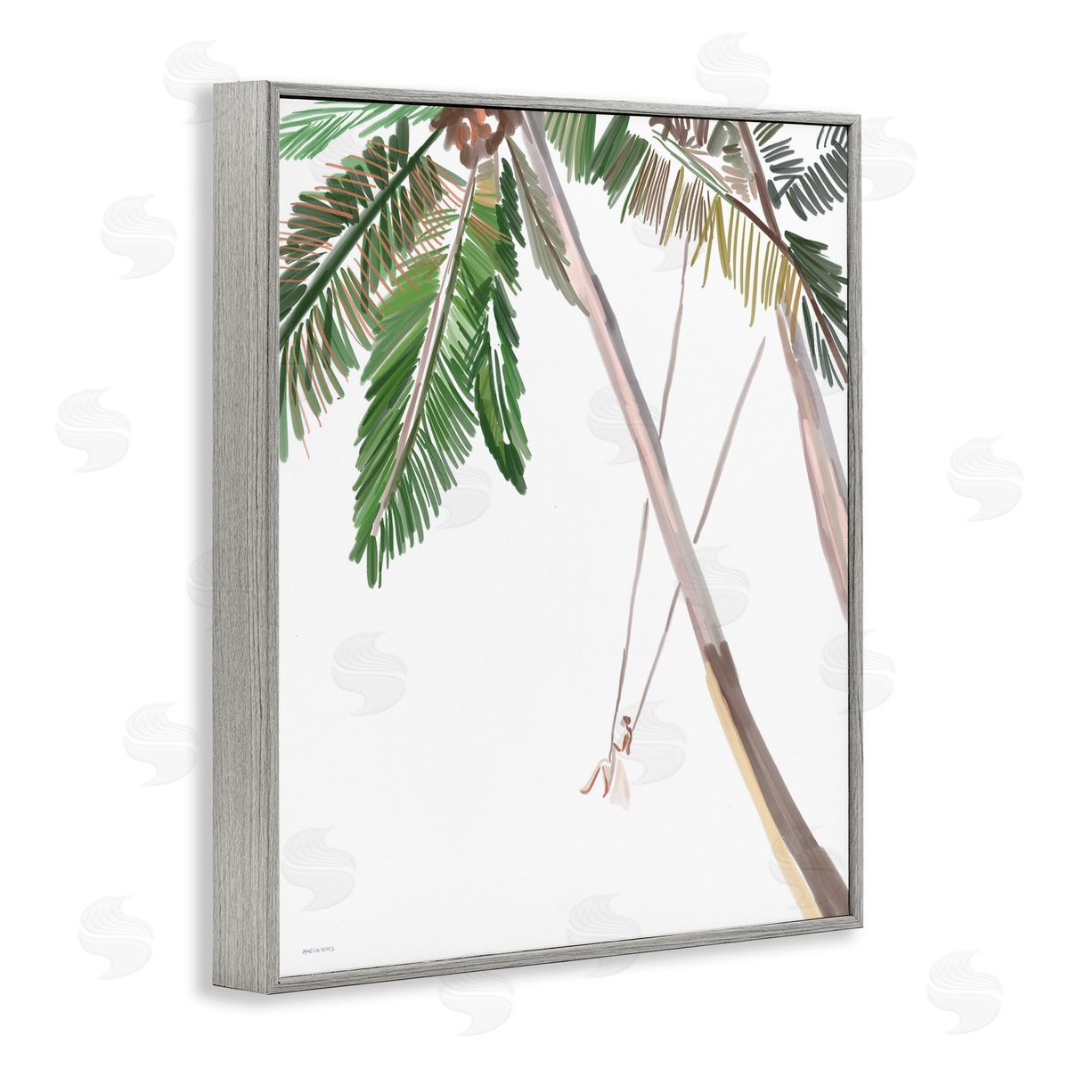 Amelia Noyes Girl Swinging Tropical Palm Trees Casual Gray Framed Giclee Wall Art Print