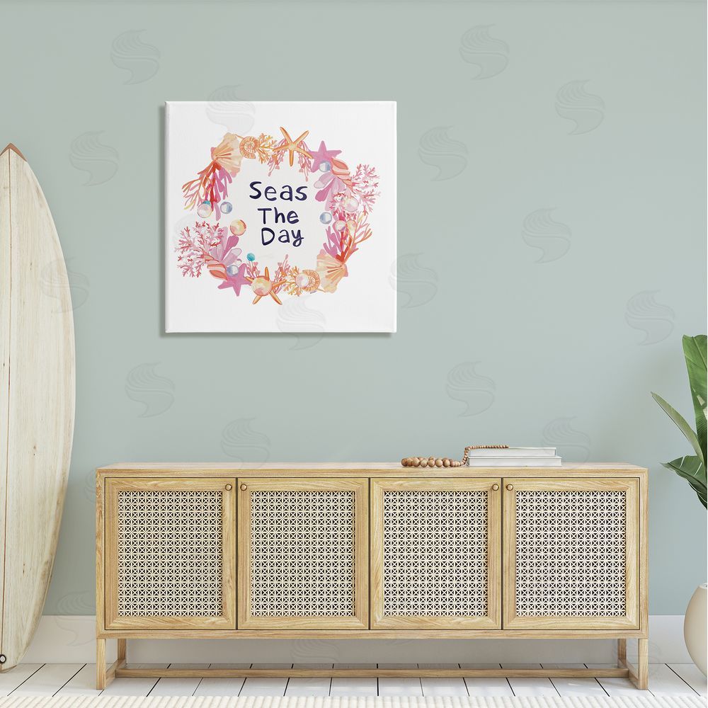 Amelia Noyes Seas The Day Marine Life Coral Botanical Wreath Canvas Wall Art in Room