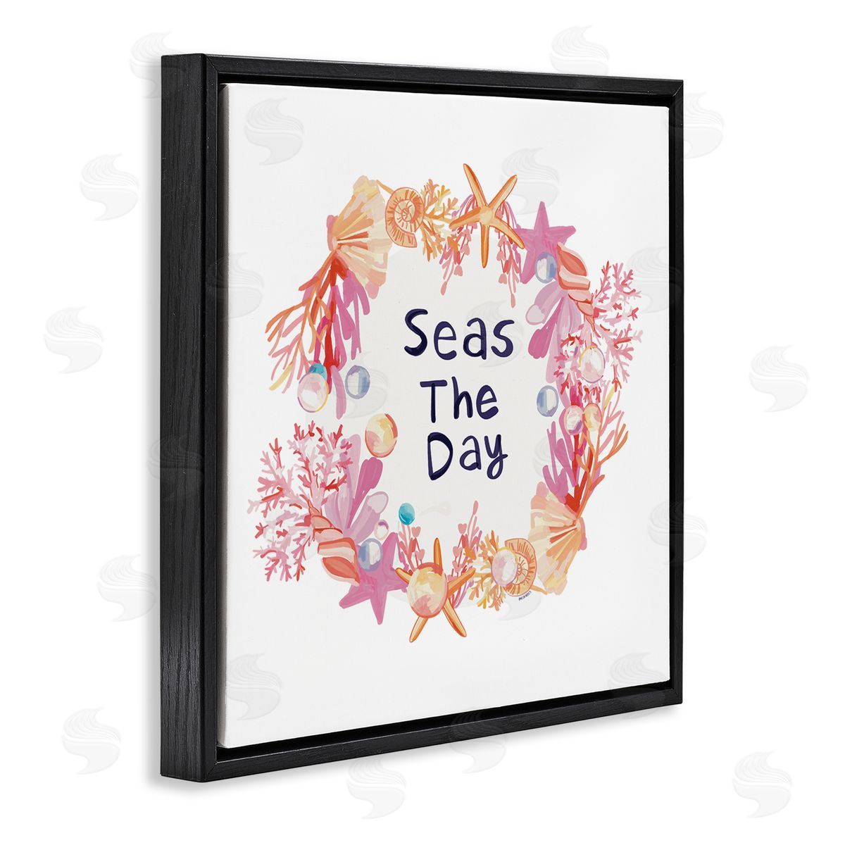 Amelia Noyes Seas The Day Marine Life Coral Botanical Wreath Black Floating Frame Canvas Wall Art Print